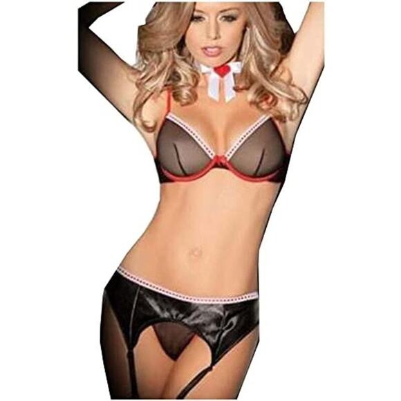 Mesh Black and Red Bra and Garterbelt Set & Pantyhose - Picture 1 of 4